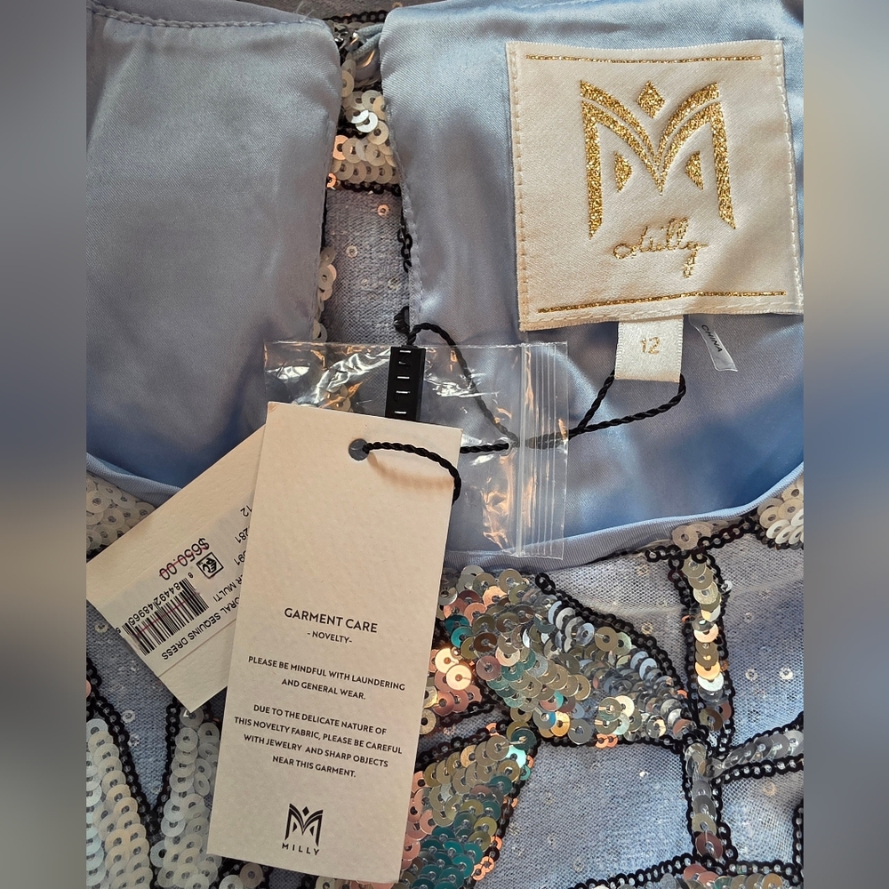 NWT Milly Rowen Silver Floral Sequins Mini Dress Size 12 - Picture 8 of 16